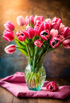 Bouquet of tulips as a gift. Selective focus. Holiday.