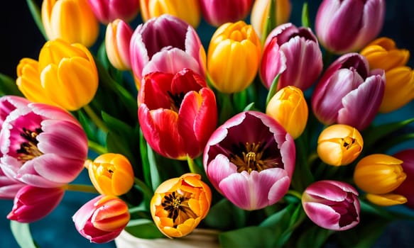 Bouquet of tulips as a gift. Selective focus. Holiday.