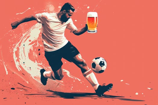 Soccer player holding a large beer glass Kicking a ball. Generative AI.