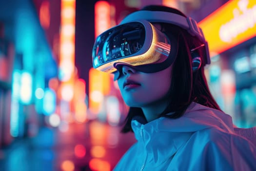 A young woman wearing VR glasses in style cyberpunk background. Generative AI.