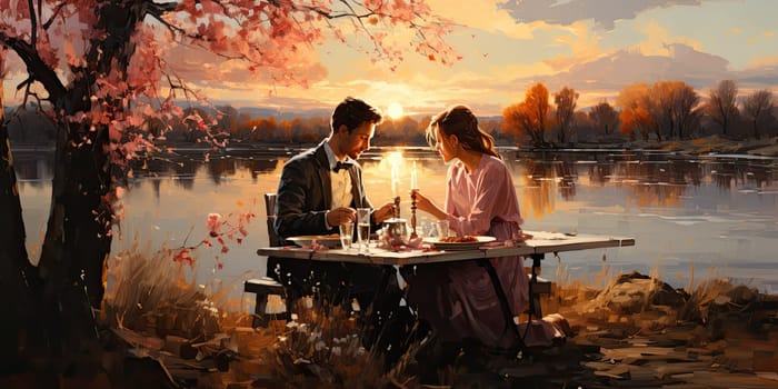 Couple in love on a white plaid take a picnic against the backdrop of a sunset in the mountains. Romantic time. Beautiful couple is enjoying picnic time at sunset. Copy space.