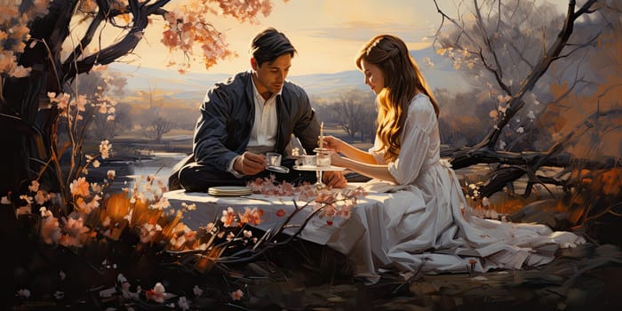 Couple in love on a white plaid take a picnic against the backdrop of a sunset in the mountains. Romantic time. Beautiful couple is enjoying picnic time at sunset. Copy space.