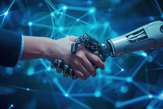 A handshake between a robot hand and a human hand, Technologies AI concept. Generative AI.