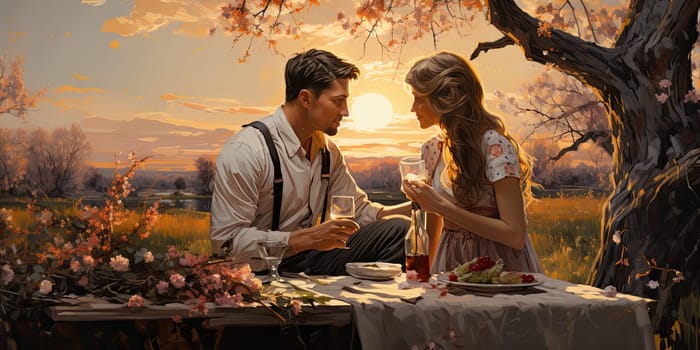 Couple in love on a white plaid take a picnic against the backdrop of a sunset in the mountains. Romantic time. Beautiful couple is enjoying picnic time at sunset. Copy space.