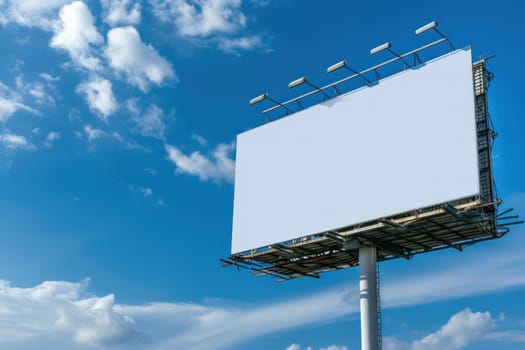 Big billboard blank white, on blue sky background. Generative AI.