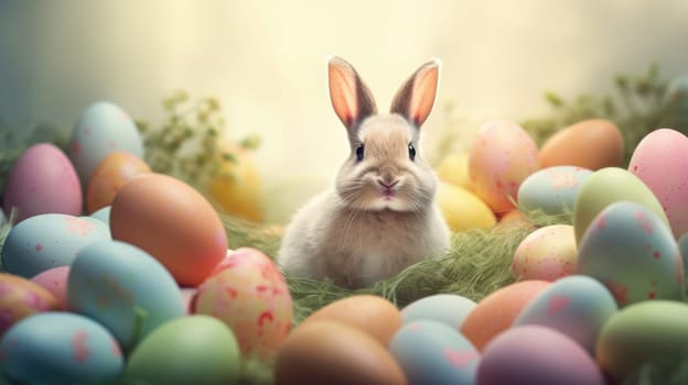 Adorable Easter Bunny With Easter Eggs, colorful Easter eggs, banner and wallpaper, AI Generative.