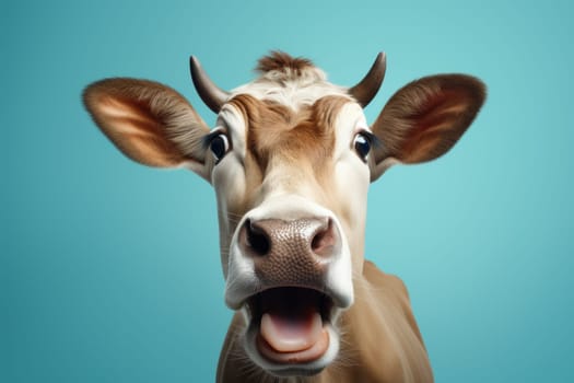 Funny surprised cow studio shot isolated bright color background.