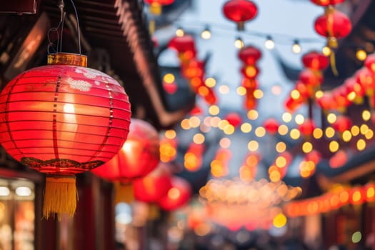 Chinese new year lanterns in china town. Generative AI.