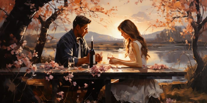 Couple in love on a white plaid take a picnic against the backdrop of a sunset in the mountains. Romantic time. Beautiful couple is enjoying picnic time at sunset. Copy space.