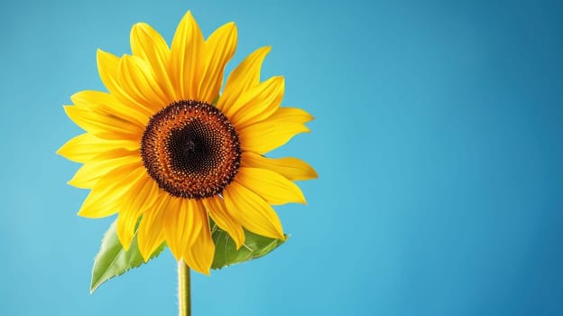 Single sunflower blue color background. Generative AI.