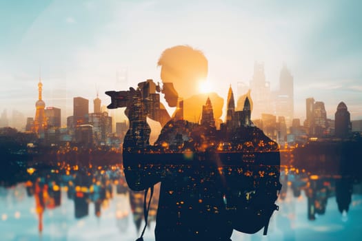 Double exposure. In the background is a famous attractions around the world. Generative AI.