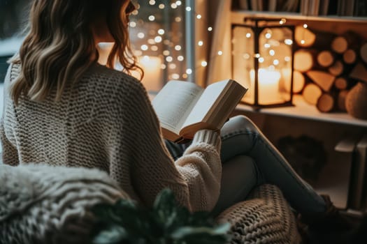 A woman setting up a cozy corner for reading book. Generative AI.