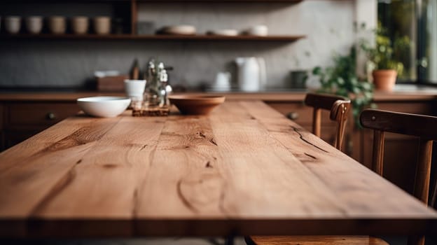 Empty brown wooden table top and blurred defocused modern kitchen background, AI Generative.