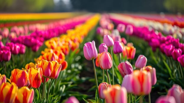 A Vibrant Field of Colorful Tulips. Generative AI.