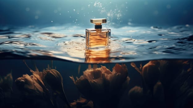 Product photo of a perfume floating on the water surface, AI Generative.