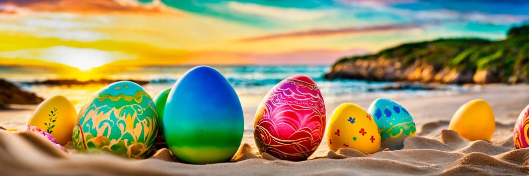 Easter eggs on the beach. Selective focus. Food.