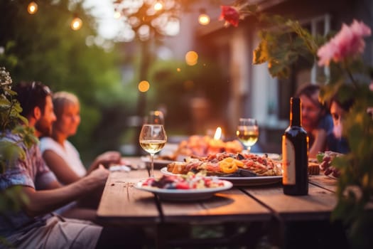 Happy friends having fun outdoor. Group of friends having backyard dinner party together.