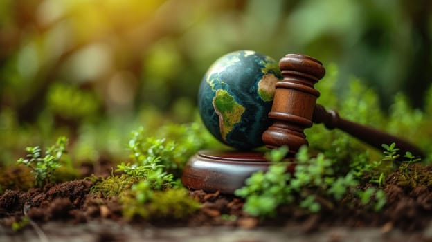 Gavel and green eco Earth globe, international law and green energy concept. Generative AI.