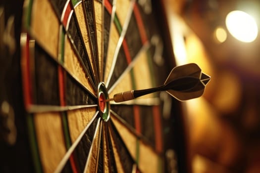 Dart arrow hitting in the target center of dartboard, show that business success concept.