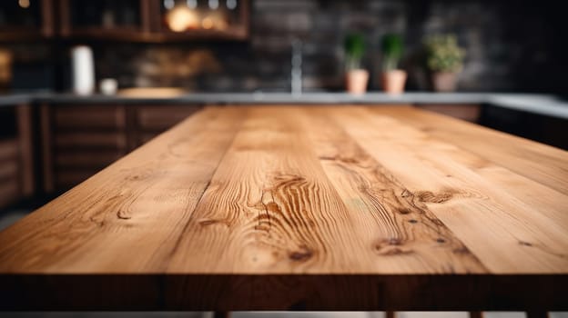Empty brown wooden table top and blurred defocused modern kitchen background, AI Generative.