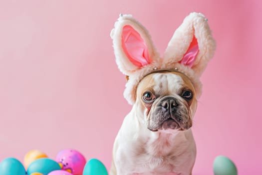 Happy dog with bunny ears for Easter, Banner for your advertisement, Easter bunny, happy Easter..