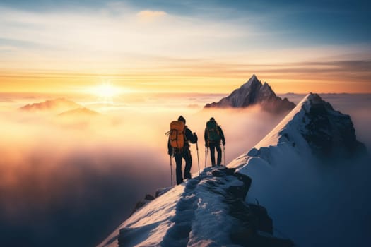 Snowy foggy mountain climbers, 2 climbers climb to the top of snowy mountain, hiking, AI Generative.