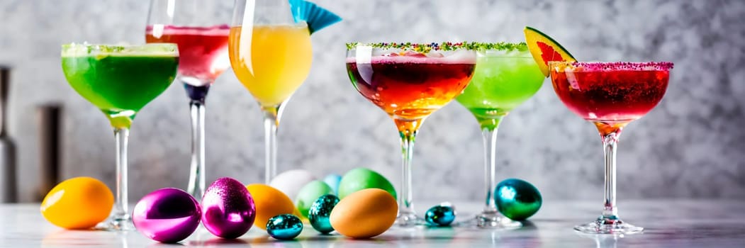 Beautiful Easter cocktails on the kitchen table. Selective focus. Drink.