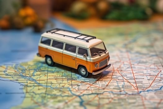 Photo of Small van car model on the map paper.