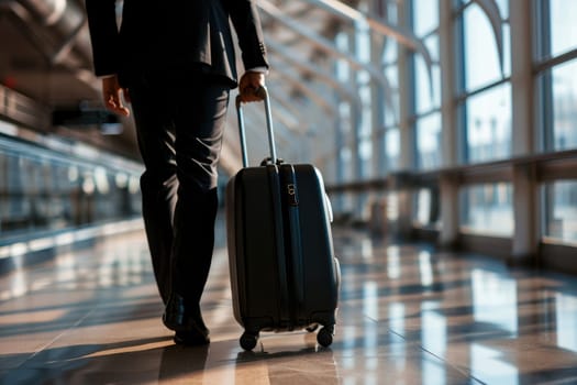 Businessman Dragging suitcase luggage bag in airport, Business trip concept.