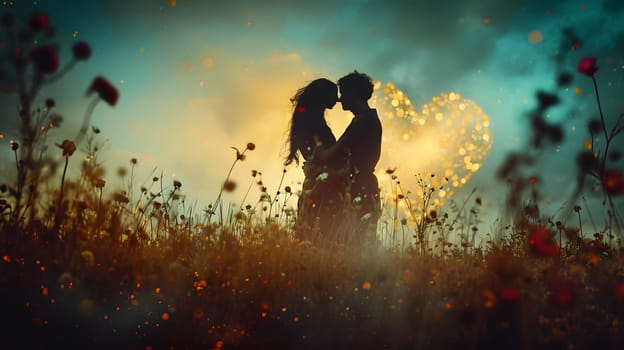 silhouette of romantic couple in the field, generative ai. High quality photo