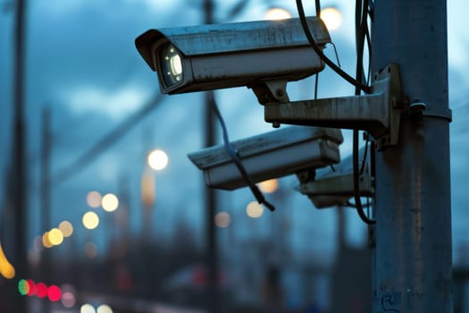 Security CCTV cameras on the pole. Generative AI.