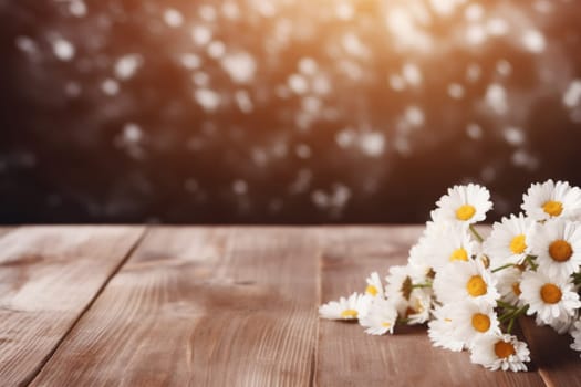 White daisy flowers gypsophila on wood table with copy space, minimal lifestyle concept.