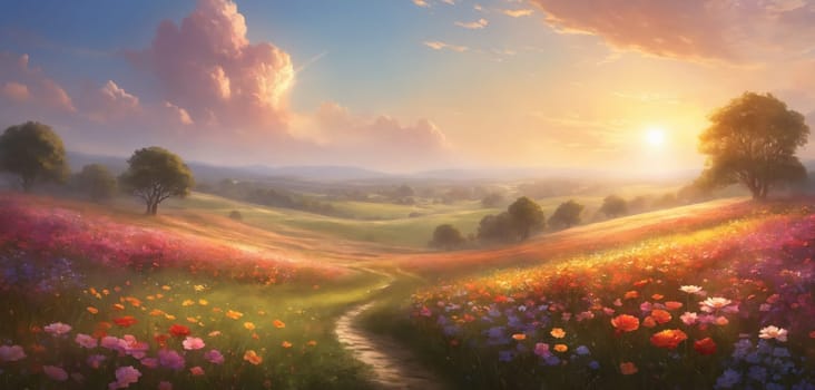 Drawing. Sunset landscape of a field with flowers.