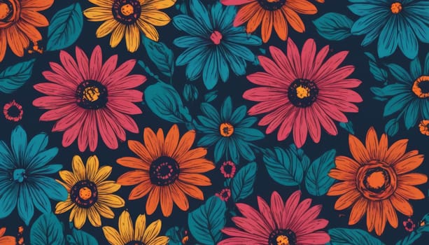 Multi-colored flowers and leaves. botanical wallpaper.