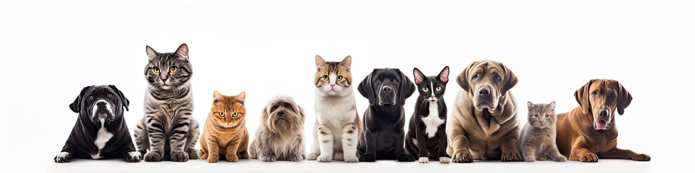 Group of cats and dogs isolated on a white background, animal concept