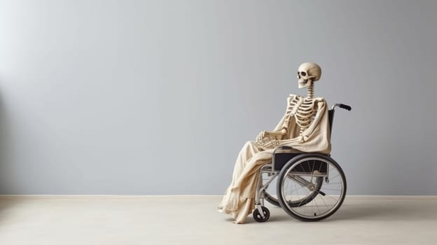 Human skeleton in medical wheelchair for invalid patient on white empty background. Hospital health care support.