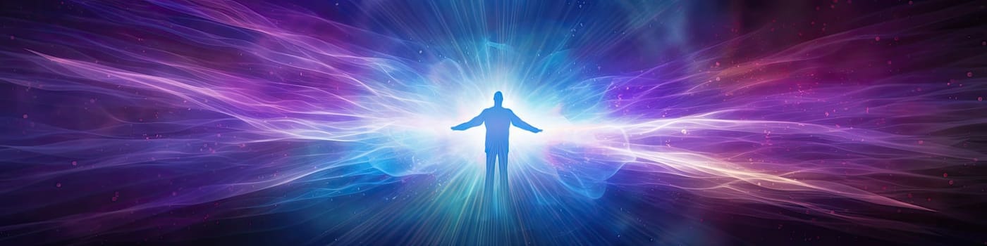 Human practice mind soul healing exercise reach with an abstract aura spirituality around