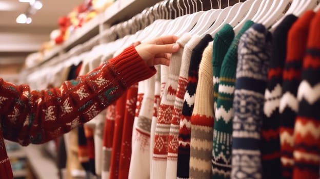 In a clothing store, close up hand of woman is choosing a winter sweater, AI Generative.