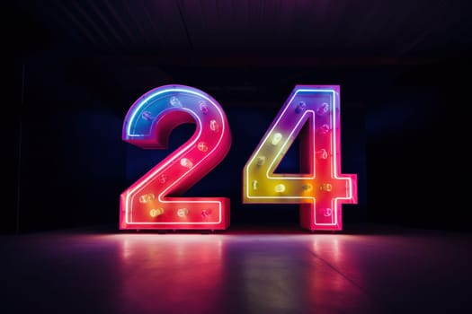 Happy new year 2024 neon light. Colorful design, trendy style, Number 24.