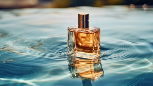 Product photo of a perfume floating on the water surface, AI Generative.
