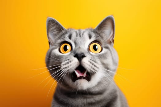 Funny surprised cat studio shot isolated bright color background.