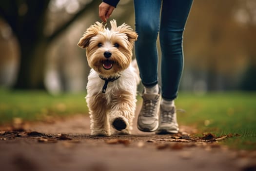The photoshoot of a happy dog runs with its owner in the park, AI Generative.