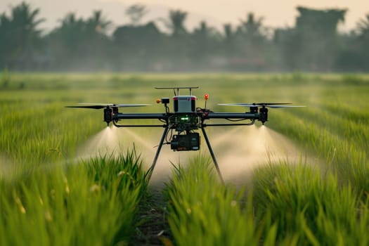 Spraying agricultural chemicals from a drone in the field. Generative AI.