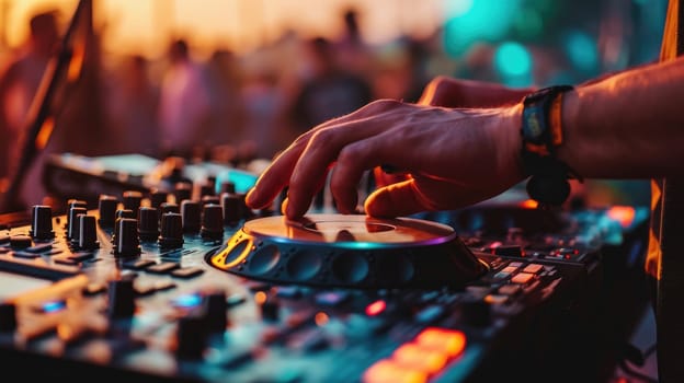 Close up of sound mixer equipment, Dj mixing music outdoor at party festival.