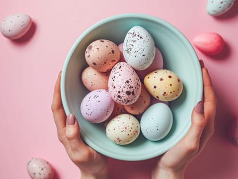 Girl holds bowl of Easter eggs, isolated, Happy Easter, Easter Day celebration.