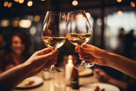 Close up of group of friends toasting with glasses of white wine at restaurant.