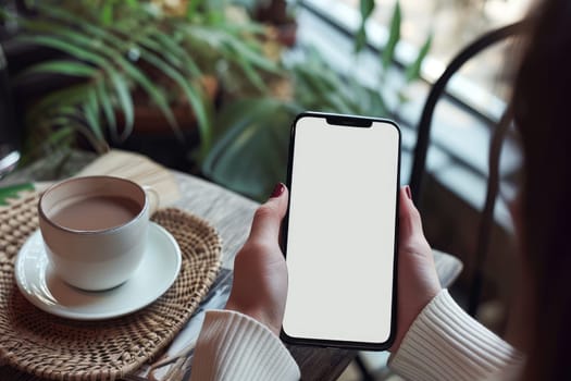 Mockup, woman's hand holding using mobile, mobile app design and advertising, white screen mockup.