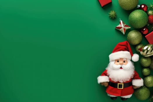 Top view of composition with Christmas decorations and copy space on green background.