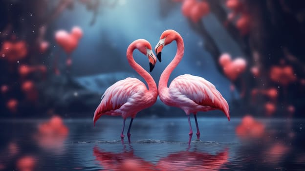 Couple of cute flamingo on fantasy aesthetic valentines scenery background.