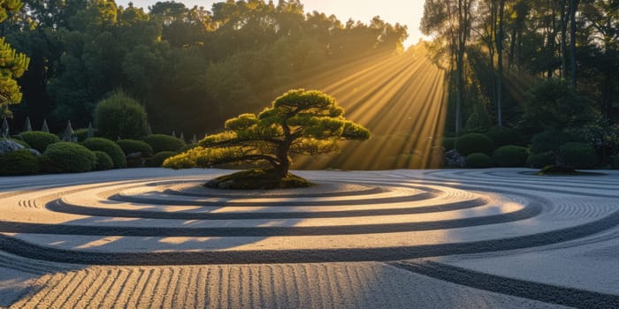 A beautiful sunrise illuminates a Japanese Zen garden, highlighting the elegant forms of meticulously maintained bonsai trees. Resplendent.